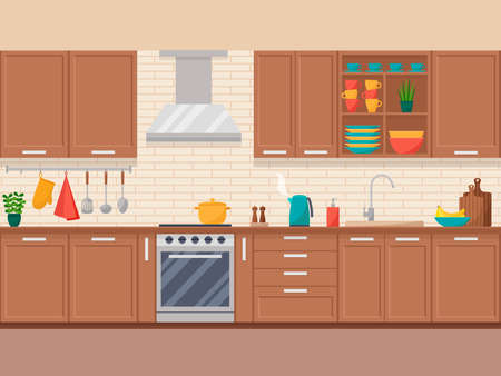 Kitchen interior with furniture, equipment and dishes in flat style, vector illustrationのイラスト素材