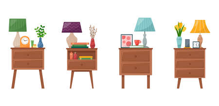 Set of bedside tables with lamp, clock, vase with flowers, books, phone, cream for hand and face, vector illustrationのイラスト素材