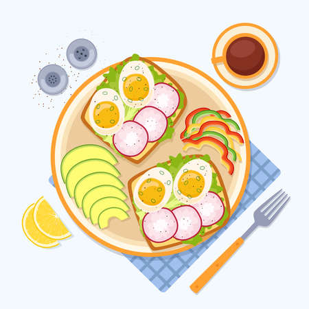 Breakfast with avocado, pepper, toasts with egg and radish, coffee, vector illustrationのイラスト素材