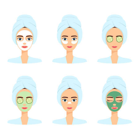 Set of beautiful women with different face mask. Spa beauty treatment, vector illustrationのイラスト素材