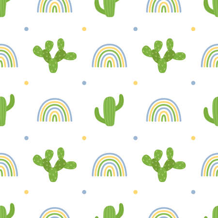 Seamless pattern with cacti and rainbows, vector illustrationのイラスト素材