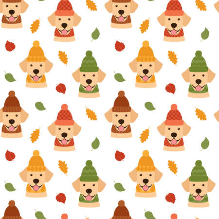 Seamless pattern with dogs and leaves, vector illustrationのイラスト素材