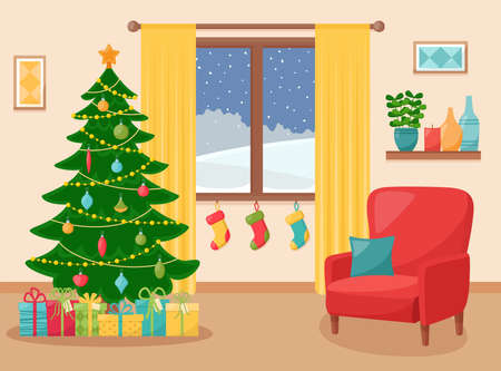 Cozy living interior with Christmas tree. New Year decorated living room. Vector illustrationのイラスト素材