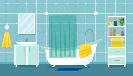 Modern bathroom interior with bath, sink, mirror and wardrobe, vector illustrationのイラスト素材