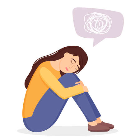 Sad woman in depression with confused thoughts. Young unhappy girl sitting and hugging her knees. depression concept. vector illustrationのイラスト素材