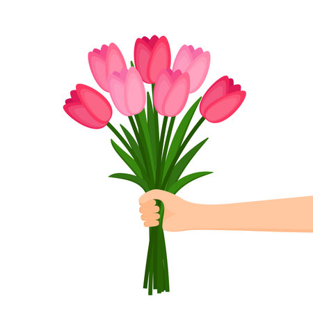 Hand holding a beautiful bouquet of flowers. Happy Women's Day, Mother's Day. vector illustrationのイラスト素材