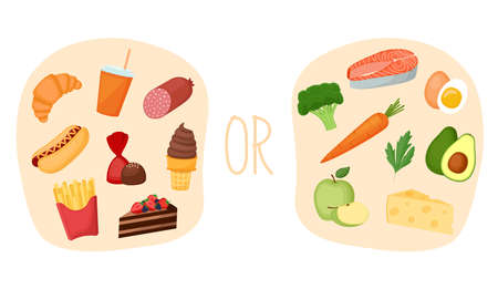 Healthy vs junk food. Concept of choice between healthy balanced nutrition and unhealthy food. vector illustrationのイラスト素材