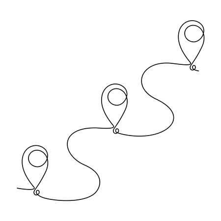 Continuous one line drawing of route. location pointers. Travel concept, vector illustrationのイラスト素材