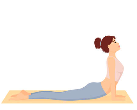 Woman standing in cobra pose. Girl doing pilates, fitness and yoga exercises on mat. healthy lifestyle. Workout, vector illustrationのイラスト素材