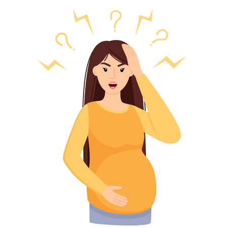 Stressed woman expecting baby. Pregnant woman in stress, bad mood, depression, panic, vector illustrationのイラスト素材