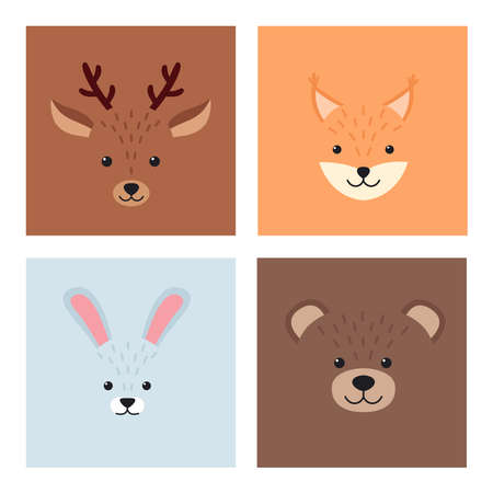 Cute simple animal faces. Deer, squirrel, hare, bear. vector illustrationのイラスト素材