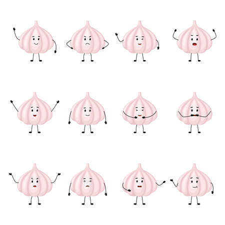 Garlic. Cute vegetable characters with different emotions, vector illustrationのイラスト素材
