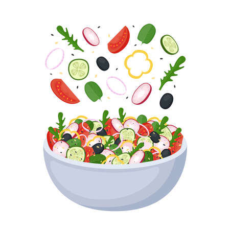Homemade salad from fresh vegetables, greens and olives. Health food. Vegan or vegetarian meal. vector illustrationのイラスト素材