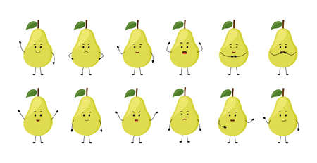 Pear. Cute fruit characters with different emotions, vector illustrationのイラスト素材