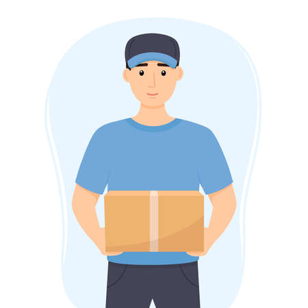 Delivery man in uniform holding box. Delivery service. Vector illustrationのイラスト素材