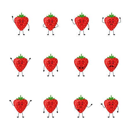 Strawberry. Cute berry characters with different emotions, vector illustrationのイラスト素材