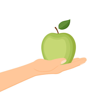 Hand holding ripe green apple. Healthy food concept, vector illustrationのイラスト素材