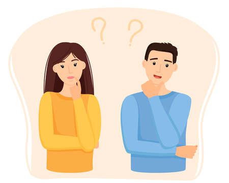Thinking woman and man with question marks, vector illustrationのイラスト素材
