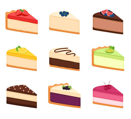 Set of pieces of cheesecakes. Slices of pies isolated on white background, vector illustrationのイラスト素材