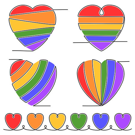 Set of LGBT hearts. Continuous line drawings. Love concept. Vector illustrationのイラスト素材