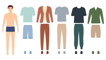 Paper doll man with clothes for different events, vector illustrationのイラスト素材