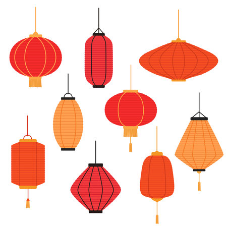 Set of lanterns in asian style. Chinese New Year decorations. vector illustrationのイラスト素材