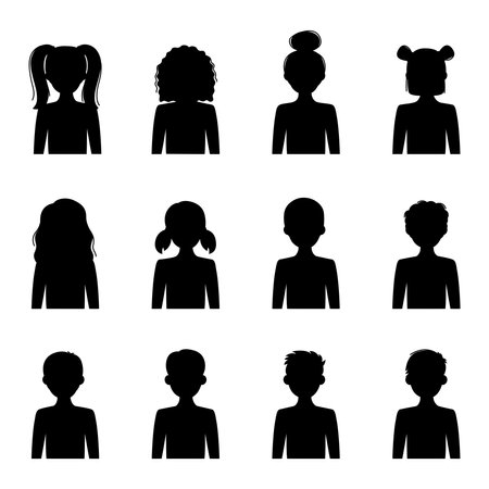 Silhouettes of children, girls and boys, vector illustrationのイラスト素材