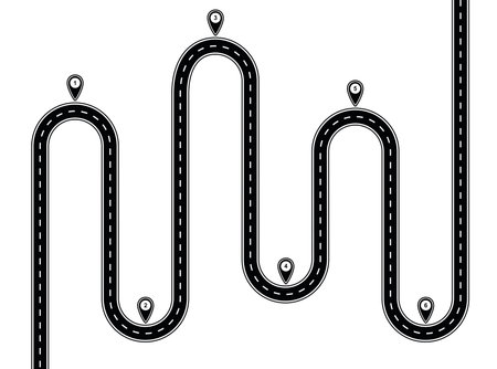road trip route. Winding road with pin pointers, vector illustrationのイラスト素材