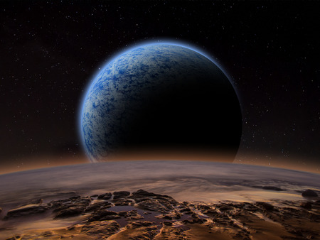 Alien planet with a close moon in orbit that has an atmosphere. Sci-fi Fantasy artwork.