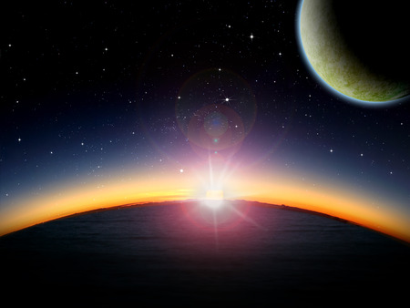Alien planet ocean at sunrise or sunset with 2 close moons in orbit. Sci-fi Fantasy artwork.の写真素材