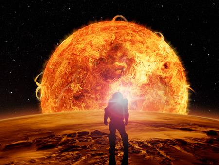 An astronaut watches an alien sun rise over a rocky moon. Sci-fi Fantasy artwork.の写真素材