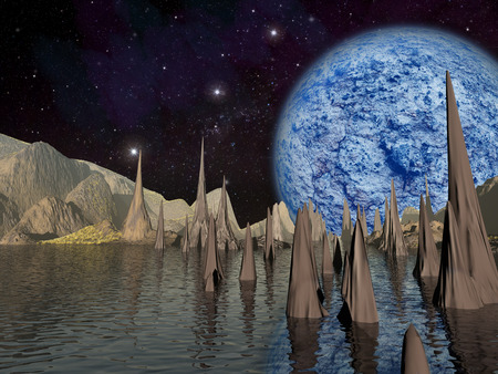 Alien planet. Large blue planet rises over the landscape with a lake. - Artist impression of fantasy landscapeの写真素材