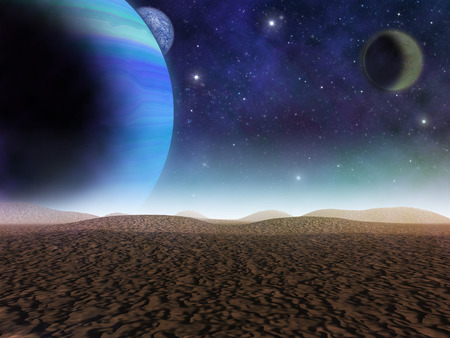 Alien planet. The view of planets and moons from a sandy desert. - Artist impression of fantasy landscapeの写真素材