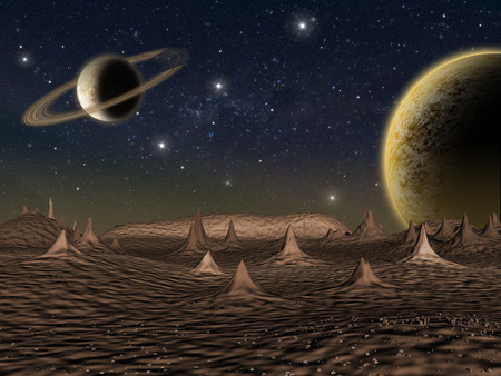 Alien planet. Saturn type planet and moon are visible in the sky - Artist impression of fantasy landscapeの写真素材