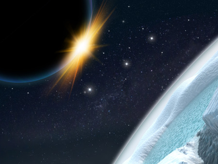 Alien planet. The sun starts to become visible from behind the moon of an ice planet. - Artist impression of fantasy landscapeの写真素材