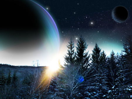 Alien planet. Sunrise from behind a gas ginat as seen from a forest of on alien moon. - Artist...