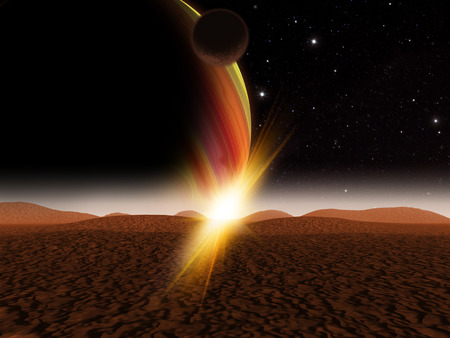 Alien planet. The sun rise on a desert like alien moon. - Artist impression of fantasy landscapeの写真素材