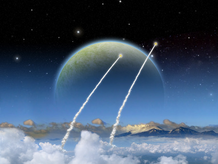 Alien planet. Two rockets lauch as a large moon rises of an alien world. - Artist impression of...