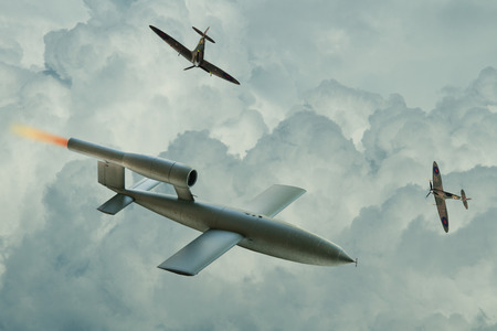 Spitfire aircraft trying to intercept V1 Flying Bomb of World War 2 used by the Germans to attack London, England. Artist Impression Digital Paintingの写真素材