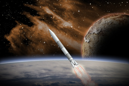 Alien Planet sci-fi scene with a rocket launching into space. Artist's Rendition.の写真素材