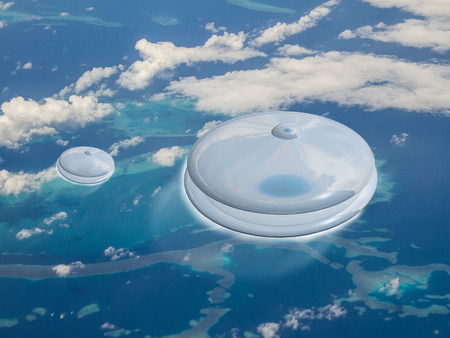 2 UFOs fly at great speed over a coral reef on planet earth. Is this an Alien invasion?の写真素材