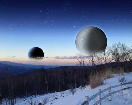 Alien planet at sunrise or sunset with two moons in orbit rising. Sci-fi Fantasy artwork.