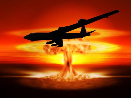 A nuclear explosion and the bomber aircraft that dropped it. (Artist impression)の写真素材