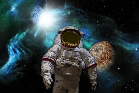 Artist's Rendition of Sci-fi image of Astronaut and Alien Planet.