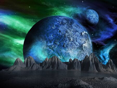 Alien moon rises over a distant planet.の写真素材
