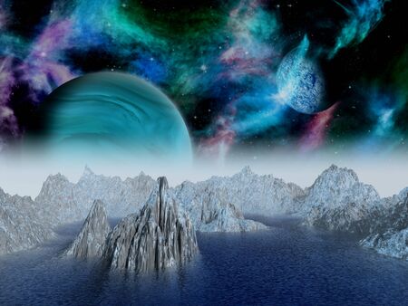 Alien moon rises over a distant planet.の写真素材