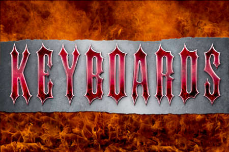 Red Keyboards text with background of flame and steel. Heavy metal and hard rock style graphic.の写真素材