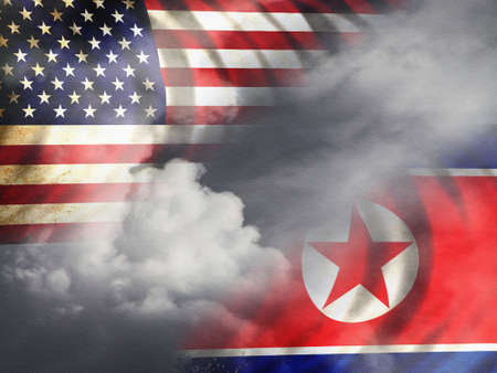 'Vintage style' North Korean and USA flags digital illustration.の写真素材