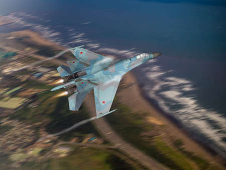 (Computer illustration, blur background style) 3D Render of a modern, Russian made, 4th generation, Su-27 Flanker flying over a coastline.の写真素材