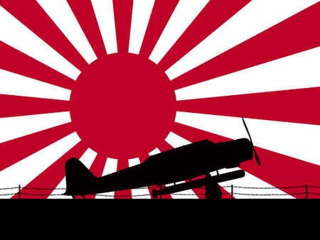 Japanese military aircraft on an aircraft carrier with a 'Rising Sun' naval flag background.の写真素材